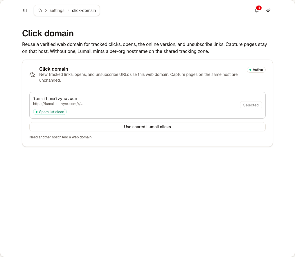 Select a verified web domain for tracked links